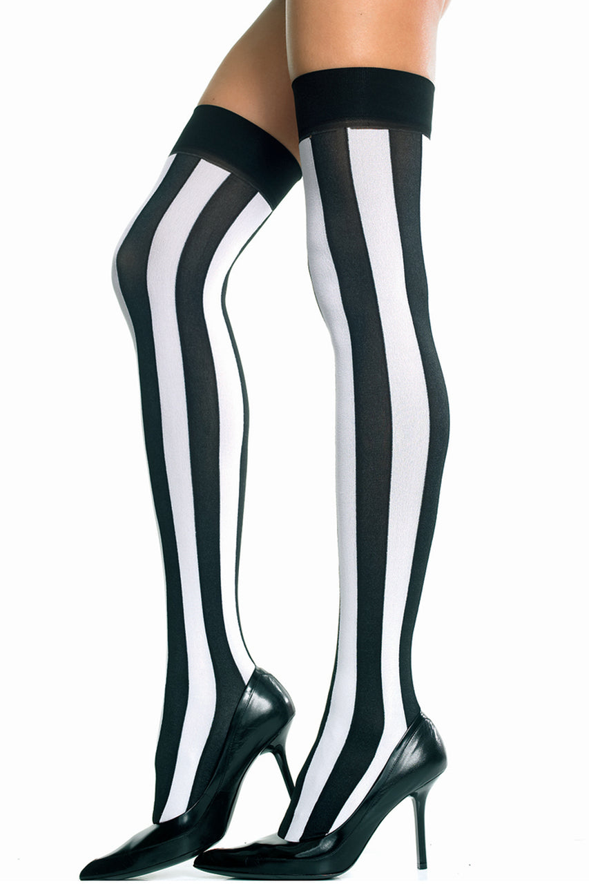 Black and White Opaque Striped Thigh Highs