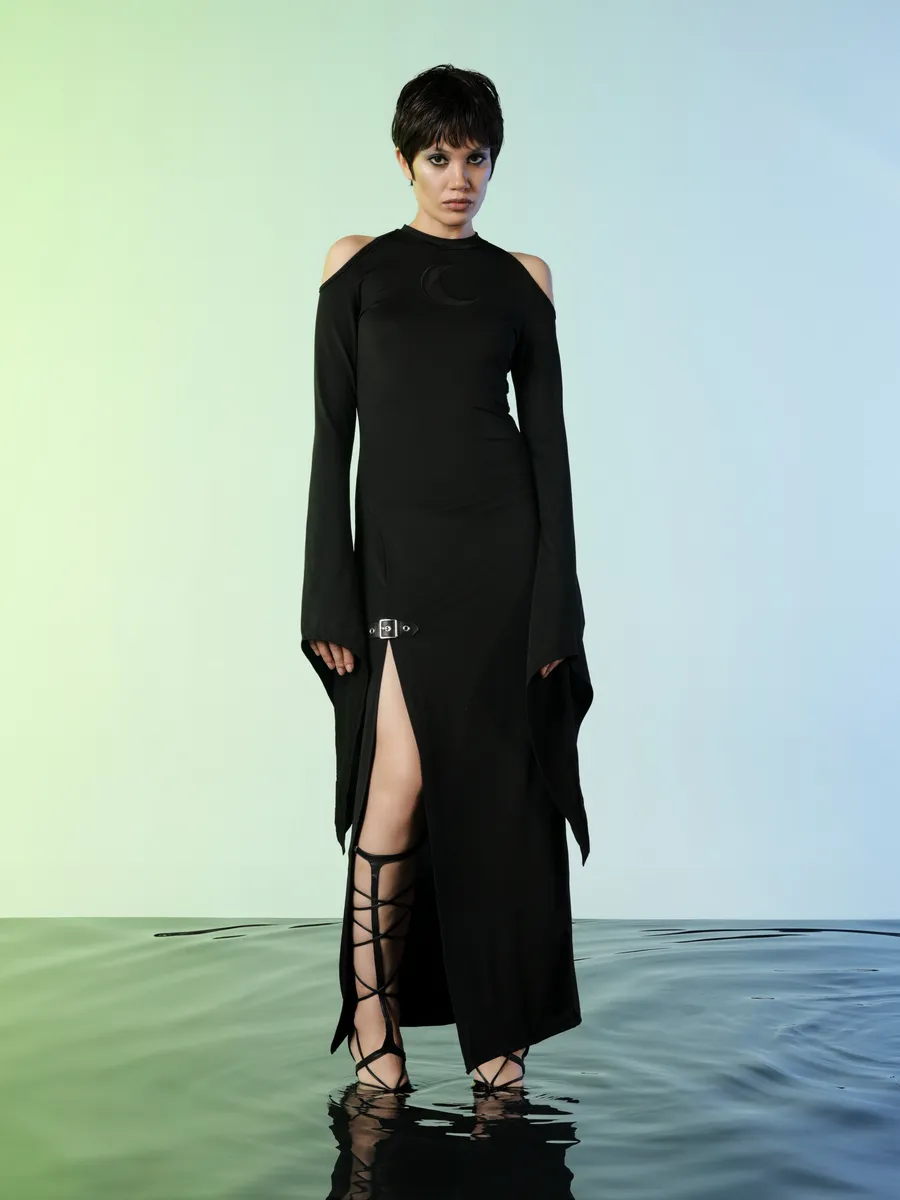 Gothyx® Lunar Edge – Cold Shoulder Moon Slit Dress