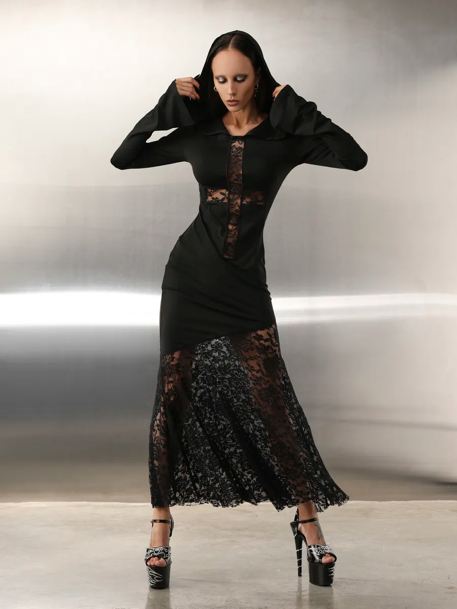 Gothyx® Cathedral Bloom – Sheer Panel Gothic Lace Gown