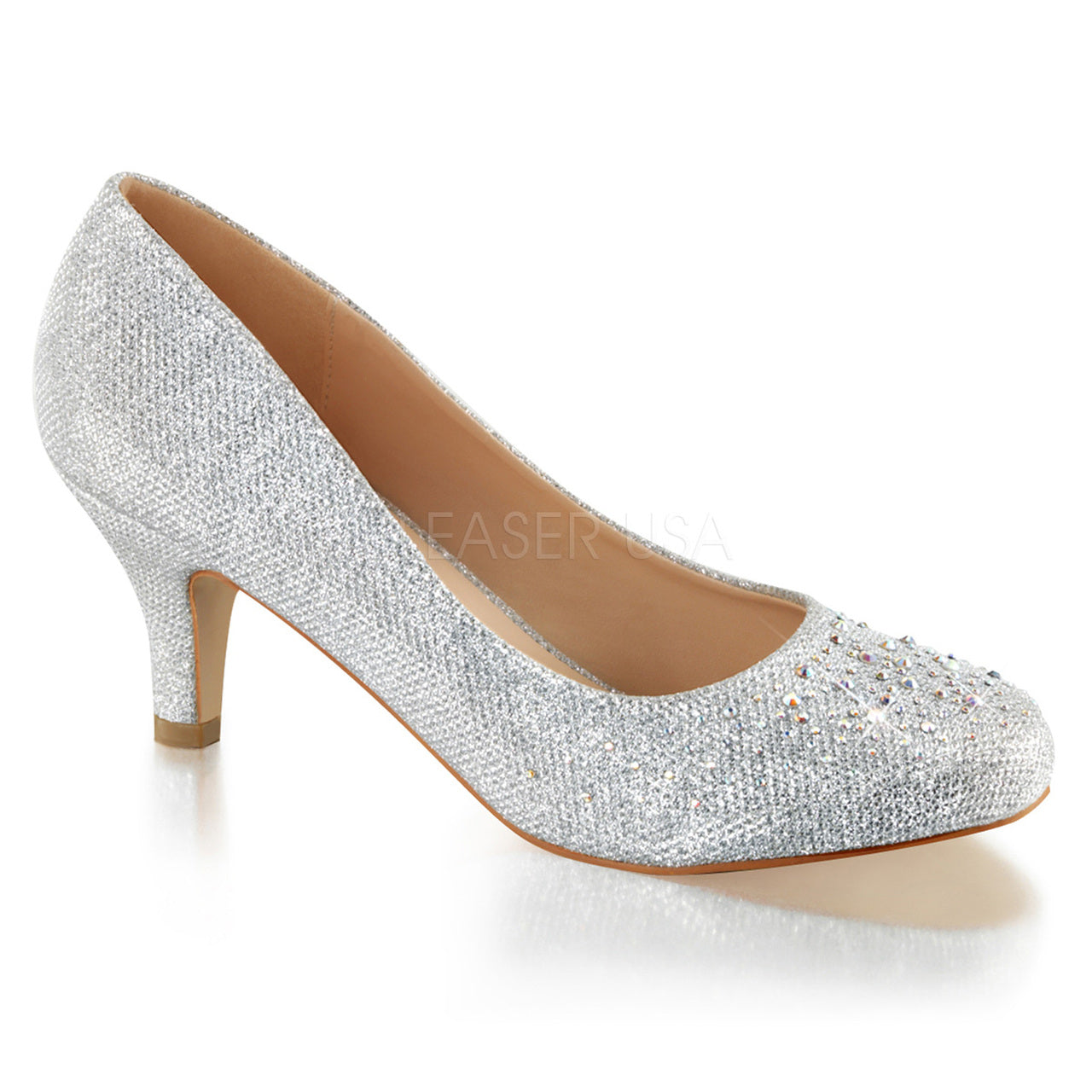 Silver Glitter Mesh Fabric 2.5" Kitten Heel W- Rhinestones
