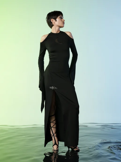 Gothyx® Lunar Edge – Cold Shoulder Moon Slit Dress