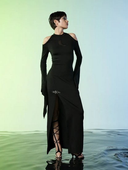 Gothyx® Lunar Edge – Cold Shoulder Moon Slit Dress