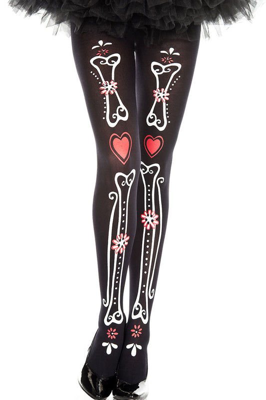Bone and Heart Print Pantyhose