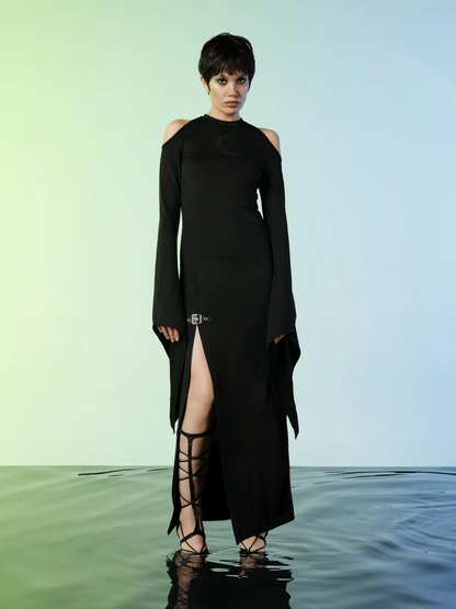 Gothyx® Lunar Edge – Cold Shoulder Moon Slit Dress