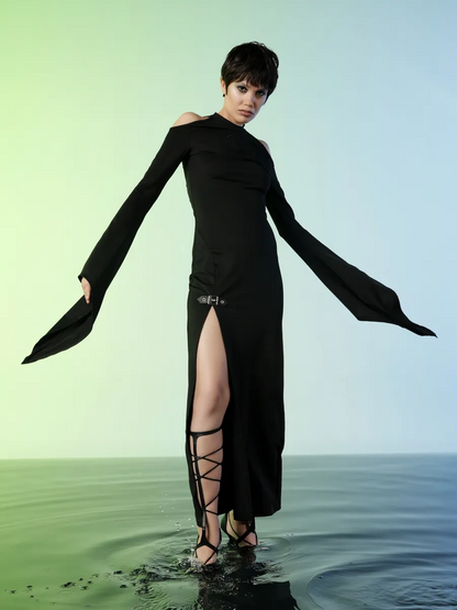 Gothyx® Lunar Edge – Cold Shoulder Moon Slit Dress