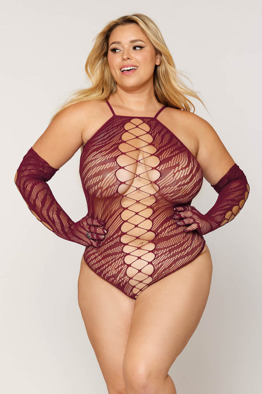 Plus Size Burgundy Seamless Lace Up Teddy