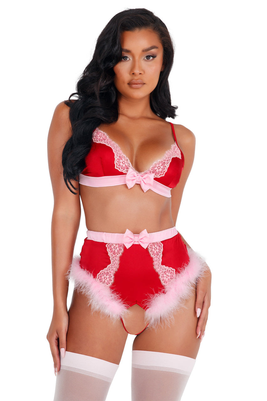 Lace and Satin Marabou Bra Set
